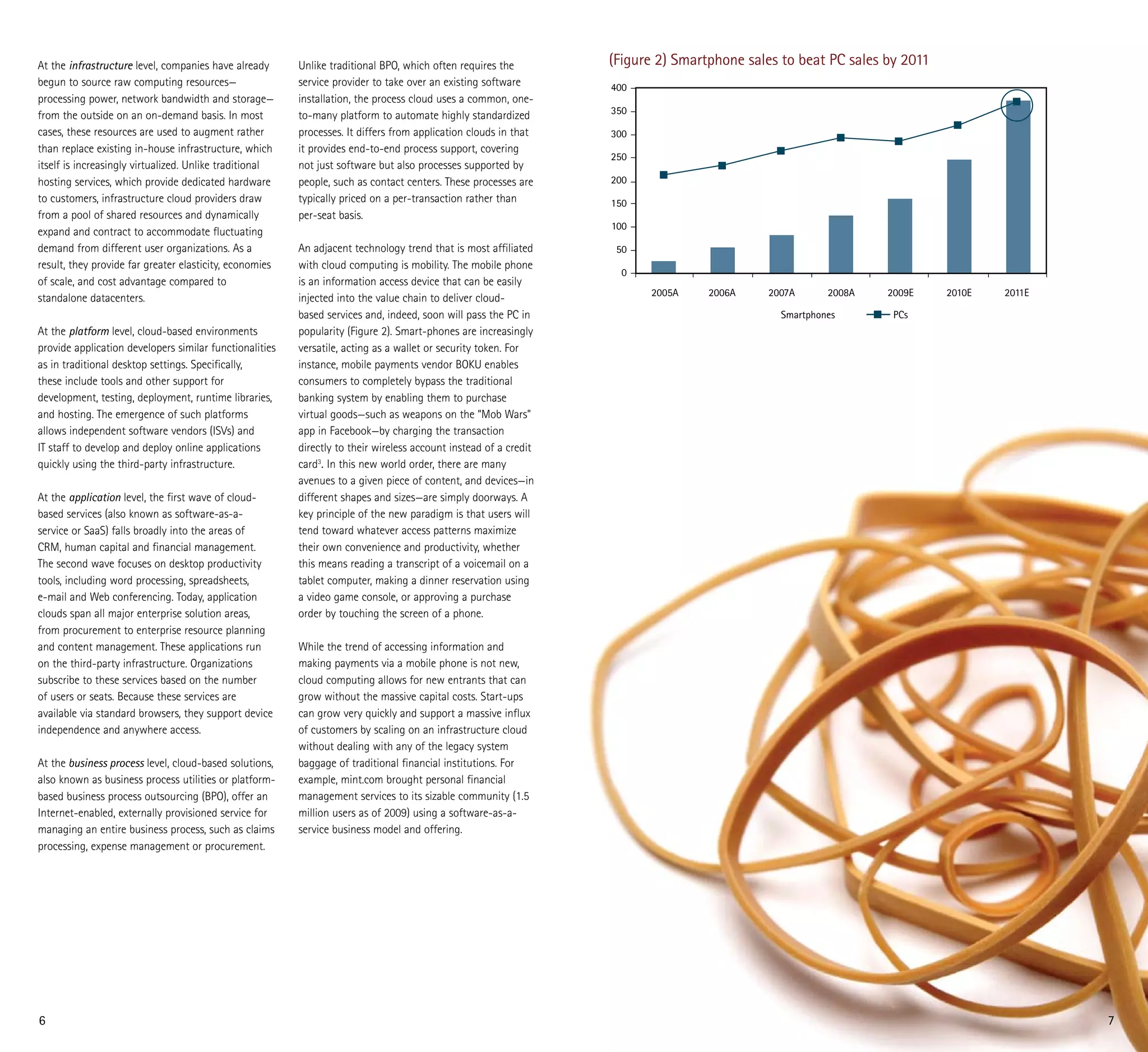 At the infrastructure level, companies have already      Unlike traditional BPO, which often requires the                          (Figure 2) Smartphone sales to beat PC sales by 2011
begun to source raw computing resources—                 service provider to take over an existing software                        400
processing power, network bandwidth and storage—         installation, the process cloud uses a common, one-
from the outside on an on-demand basis. In most          to-many platform to automate highly standardized                          350

cases, these resources are used to augment rather        processes. It differs from application clouds in that                     300
than replace existing in-house infrastructure, which     it provides end-to-end process support, covering




                                                                                                                  Shipments (MM)
                                                                                                                                   250
itself is increasingly virtualized. Unlike traditional   not just software but also processes supported by
hosting services, which provide dedicated hardware       people, such as contact centers. These processes are                      200
to customers, infrastructure cloud providers draw        typically priced on a per-transaction rather than                         150
from a pool of shared resources and dynamically          per-seat basis.
                                                                                                                                   100
expand and contract to accommodate fluctuating
demand from different user organizations. As a           An adjacent technology trend that is most affiliated                       50
result, they provide far greater elasticity, economies   with cloud computing is mobility. The mobile phone
                                                                                                                                     0
of scale, and cost advantage compared to                 is an information access device that can be easily
                                                                                                                                         2005A     2006A    2007A      2008A    2009E     2010E   2011E
standalone datacenters.                                  injected into the value chain to deliver cloud-
                                                         based services and, indeed, soon will pass the PC in                                                 Smartphones        PCs
At the platform level, cloud-based environments          popularity (Figure 2). Smart-phones are increasingly
provide application developers similar functionalities   versatile, acting as a wallet or security token. For
as in traditional desktop settings. Specifically,        instance, mobile payments vendor BOKU enables
these include tools and other support for                consumers to completely bypass the traditional
development, testing, deployment, runtime libraries,     banking system by enabling them to purchase
and hosting. The emergence of such platforms             virtual goods—such as weapons on the “Mob Wars”
allows independent software vendors (ISVs) and           app in Facebook—by charging the transaction
IT staff to develop and deploy online applications       directly to their wireless account instead of a credit
quickly using the third-party infrastructure.            card3. In this new world order, there are many
                                                         avenues to a given piece of content, and devices—in
At the application level, the first wave of cloud-       different shapes and sizes—are simply doorways. A
based services (also known as software-as-a-             key principle of the new paradigm is that users will
service or SaaS) falls broadly into the areas of         tend toward whatever access patterns maximize
CRM, human capital and financial management.             their own convenience and productivity, whether
The second wave focuses on desktop productivity          this means reading a transcript of a voicemail on a
tools, including word processing, spreadsheets,          tablet computer, making a dinner reservation using
e-mail and Web conferencing. Today, application          a video game console, or approving a purchase
clouds span all major enterprise solution areas,         order by touching the screen of a phone.
from procurement to enterprise resource planning
and content management. These applications run           While the trend of accessing information and
on the third-party infrastructure. Organizations         making payments via a mobile phone is not new,
subscribe to these services based on the number          cloud computing allows for new entrants that can
of users or seats. Because these services are            grow without the massive capital costs. Start-ups
available via standard browsers, they support device     can grow very quickly and support a massive influx
independence and anywhere access.                        of customers by scaling on an infrastructure cloud
                                                         without dealing with any of the legacy system
At the business process level, cloud-based solutions,    baggage of traditional financial institutions. For
also known as business process utilities or platform-    example, mint.com brought personal financial
based business process outsourcing (BPO), offer an       management services to its sizable community (1.5
Internet-enabled, externally provisioned service for     million users as of 2009) using a software-as-a-
managing an entire business process, such as claims      service business model and offering.
processing, expense management or procurement.




6                                                                                                                                                                                                         7
 