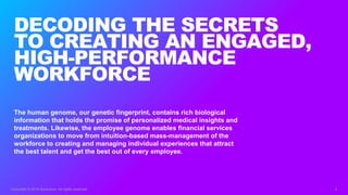 Copyright © 2018 Accenture. All rights reserved. 2
DECODING THE SECRETS
TO CREATING AN ENGAGED,
HIGH-PERFORMANCE
WORKFORCE
The human genome, our genetic fingerprint, contains rich biological
information that holds the promise of personalized medical insights and
treatments. Likewise, the employee genome enables financial services
organizations to move from intuition-based mass-management of the
workforce to creating and managing individual experiences that attract
the best talent and get the best out of every employee.
 