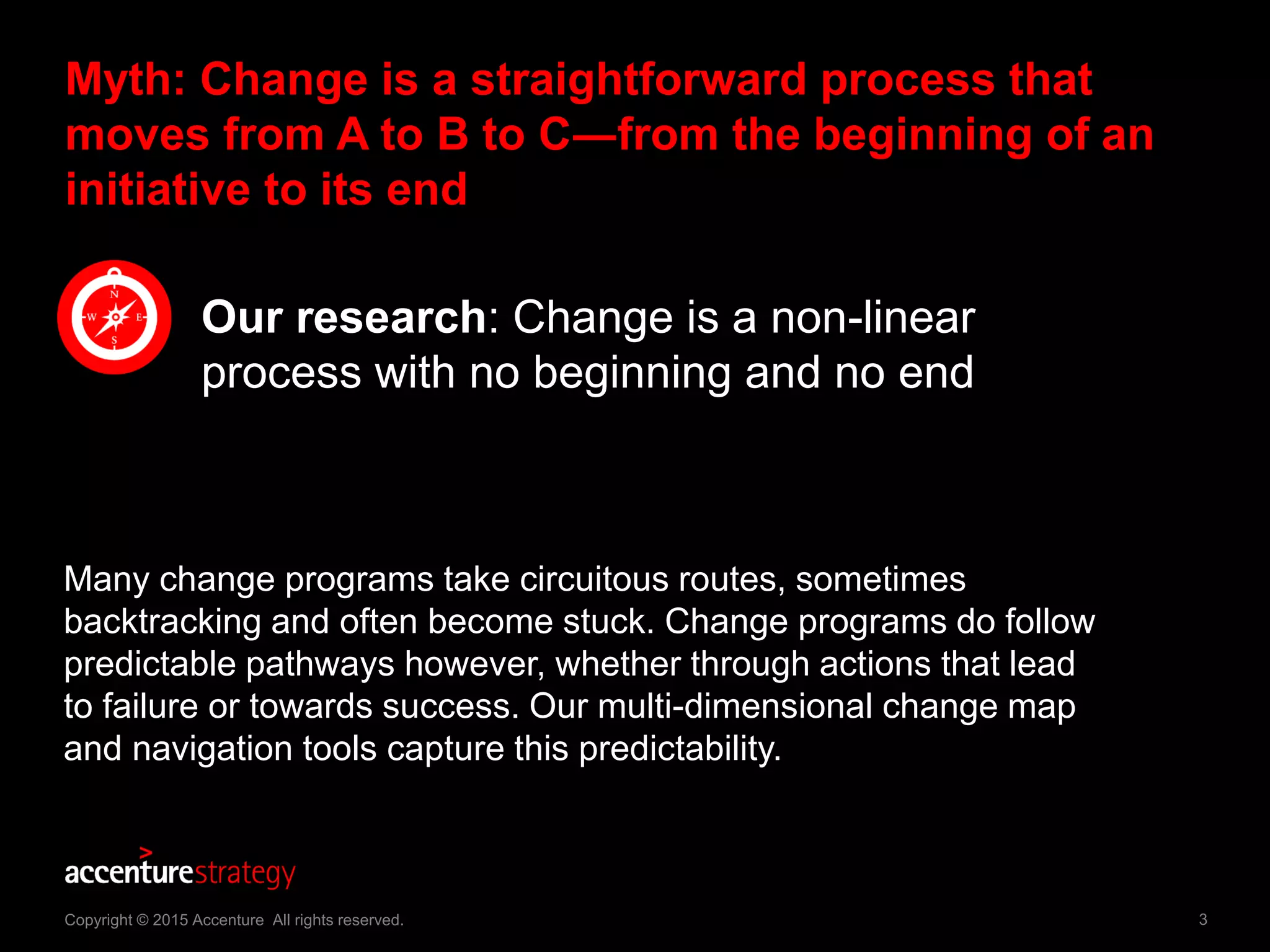 3Copyright © 2015 Accenture All rights reserved.
Myth: Change is a straightforward process that
moves from A to B to C―from the beginning of an
initiative to its end
Our research: Change is a non-linear
process with no beginning and no end
Many change programs take circuitous routes, sometimes
backtracking and often become stuck. Change programs do follow
predictable pathways however, whether through actions that lead
to failure or towards success. Our multi-dimensional change map
and navigation tools capture this predictability.
 