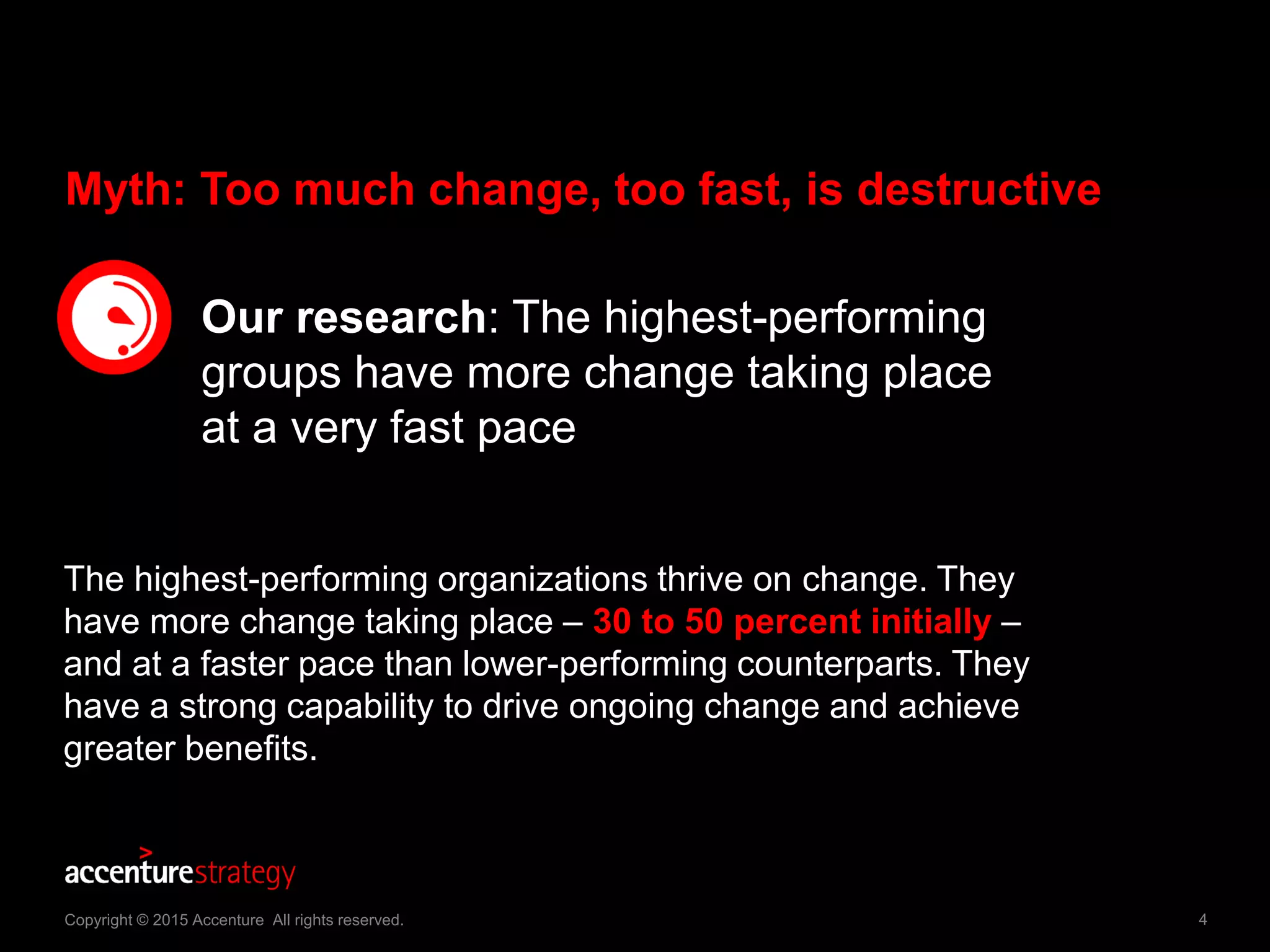 4Copyright © 2015 Accenture All rights reserved.
Myth: Too much change, too fast, is destructive
Our research: The highest-performing
groups have more change taking place
at a very fast pace
The highest-performing organizations thrive on change. They
have more change taking place – 30 to 50 percent initially –
and at a faster pace than lower-performing counterparts. They
have a strong capability to drive ongoing change and achieve
greater benefits.
 