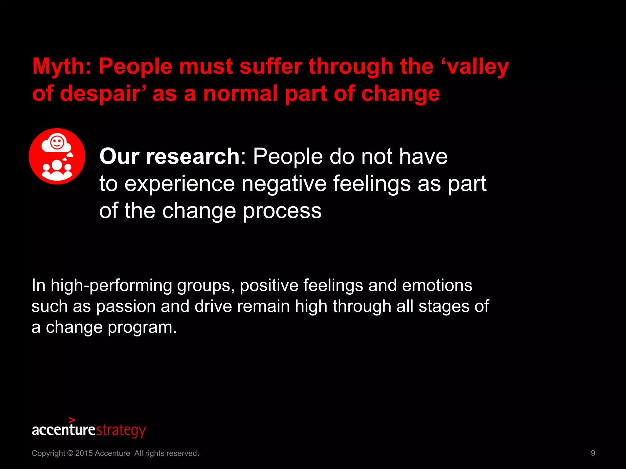 9Copyright © 2015 Accenture All rights reserved.
Myth: People must suffer through the ‘valley
of despair’ as a normal part of change
Our research: People do not have
to experience negative feelings as part
of the change process
In high-performing groups, positive feelings and emotions
such as passion and drive remain high through all stages of
a change program.
 