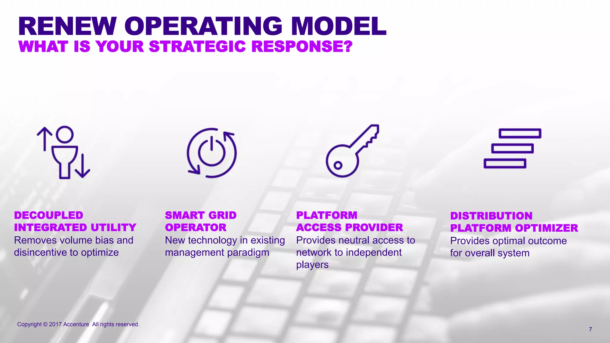Copyright © 2017 Accenture All rights reserved.
7
Copyright © 2017 Accenture All rights reserved.
RENEW OPERATING MODEL
WHAT IS YOUR STRATEGIC RESPONSE?
PLATFORM
ACCESS PROVIDER
Provides neutral access to
network to independent
players
DECOUPLED
INTEGRATED UTILITY
Removes volume bias and
disincentive to optimize
SMART GRID
OPERATOR
New technology in existing
management paradigm
DISTRIBUTION
PLATFORM OPTIMIZER
Provides optimal outcome
for overall system
 