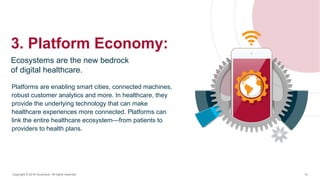 3. Platform Economy:
Ecosystems are the new bedrock
of digital healthcare.
Copyright © 2016 Accenture All rights reserved. 12
Platforms are enabling smart cities, connected
machines, robust customer analytics and more. In
healthcare, they provide the underlying technology that
can make healthcare experiences more connected.
Platforms can link the entire healthcare ecosystem—
from patients to providers to health plans.
 