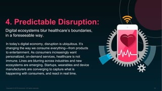 4. Predictable Disruption:
Digital ecosystems blur healthcare’s boundaries,
in a foreseeable way.
Copyright © 2016 Accenture All rights reserved. 16
In today’s digital economy, disruption is ubiquitous. It’s
changing the way we consume everything—from products
to entertainment. As consumers increasingly want
personalized, on-demand services, healthcare is not
immune. Lines are blurring across industries and new
ecosystems are emerging. Startups, wearables and
device manufacturers are converging to capture what is
happening with consumers, and react in real time.
 