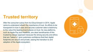 23Copyright © 2016 Accenture All rights reserved.
After the consumer outcry from its iCloud breach in 2014, Apple
came to understand afresh the importance of trust. Its efforts to be
transparent in how it uses and secures customer data is testimony
to the value this leading brand places on trust. Its new platforms,
such as Apple Pay and HealthKit, are clear beneficiaries of this
trusted-by-design approach because the strong security and ethics
that are ”baked in” give customers confidence that their digital
footprints are secure and private, easing the transition to and
adoption of the Apple ecosystem.
Trusted territory
 