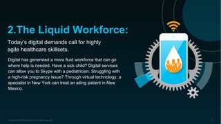 2.The Liquid Workforce:
Today’s digital demands call for highly
agile healthcare skillsets.
Copyright © 2016 Accenture All rights reserved. 8
Digital has generated a more fluid workforce that can go
where help is needed. Have a sick child? Digital services
can allow you to Skype with a pediatrician. Struggling with
a high-risk pregnancy issue? Through virtual technology, a
specialist in New York can treat an ailing patient in New
Mexico.
 