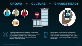 This emergent fluidity requires some fundamental
shifts in how the enterprise is structured, how people
are trained and how the culture adapts to new
technology-enabled ways of working. But these
changes come with benefits.
Copyright © 2016 Accenture All rights reserved. 9
Organizations can launch innovations faster.
Health plans can use crowdsourcing to hear
from innovators and entrepreneurs. And, virtual
care provides greater accessibility and flexibility
for patients.
CROWD CULTURE CHANGE READY+ +
 