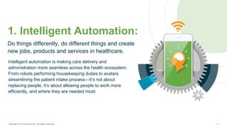 1. Intelligent Automation:
Do things differently, do different things and create
new jobs, products and services in health...