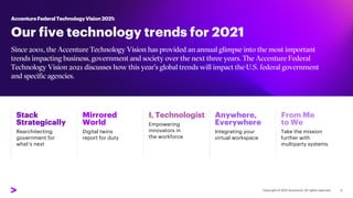 Our five technology trends for 2021
Stack
Strategically
Rearchitecting
government for
what’s next
Mirrored
World
Digital t...