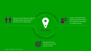 Typically, Human Resources (HR) has
managed people separately from
other parts of an organization
Overview
However, HR and HR SaaS
technology evolution means
HR is becoming embedding
in everyday business
We identify five key
trends to outline how
this is occurring
Copyright © 2016 Accenture All rights reserved. 2
 