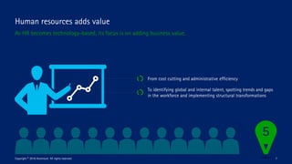 Human resources adds value
As HR becomes technology-based, its focus is on adding business value.
From cost cutting and administrative efficiency
To identifying global and internal talent, spotting trends and gaps
in the workforce and implementing structural transformations
Copyright © 2016 Accenture All rights reserved. 7
 
