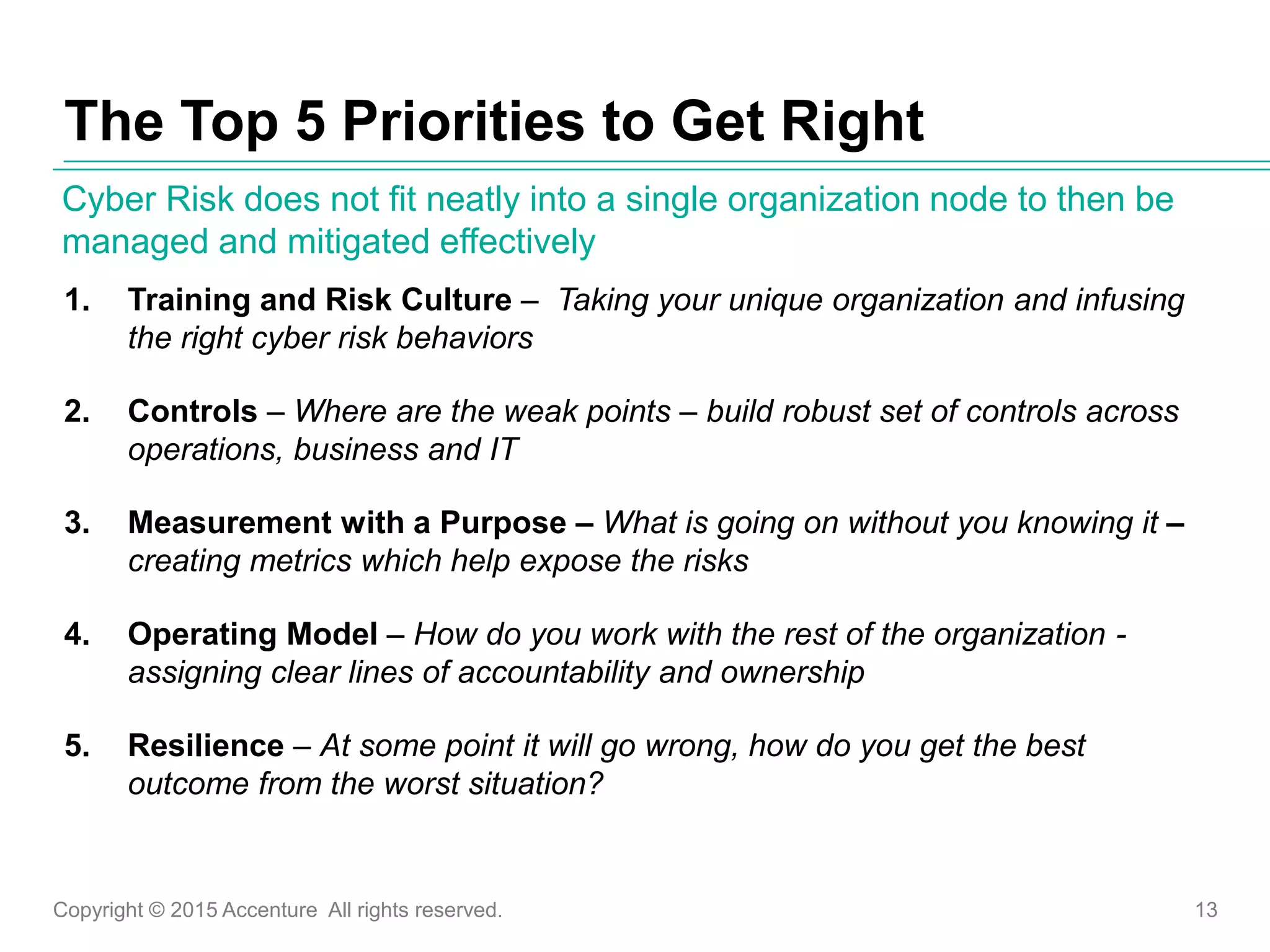 Copyright © 2015 Accenture All rights reserved. 13
1. Training and Risk Culture – Taking your unique organization and infusing
the right cyber risk behaviors
2. Controls – Where are the weak points – build robust set of controls across
operations, business and IT
3. Measurement with a Purpose – What is going on without you knowing it –
creating metrics which help expose the risks
4. Operating Model – How do you work with the rest of the organization -
assigning clear lines of accountability and ownership
5. Resilience – At some point it will go wrong, how do you get the best
outcome from the worst situation?
The Top 5 Priorities to Get Right
Cyber Risk does not fit neatly into a single organization node to then be
managed and mitigated effectively
 