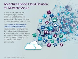 3 
Copyright © 2014 Accenture All rights reserved. 
Accenture and Microsoft are co-engineering a powerful enterprise-grade hybrid cloud platform that will unlock a new level of cloud capability for the enterprise. 
The Accenture Hybrid Cloud Solution for Microsoft Azure helps enterprises smartly connect the intelligent capabilities needed to become a digital business, giving the agility and economics of cloud computing with the reliability and security of on-premise IT environments. 
Accenture Hybrid Cloud Solution for Microsoft Azure  