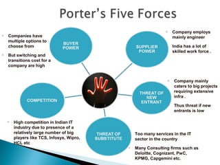 ❖ Companies have
multiple options to
choose from
❖ But switching and
transitions cost for a
company are high
❖ Company employs
mainly engineer
❖ India has a lot of
skilled work force .
❖ Company mainly
caters to big projects
requiring extensive
infra .
❖ Thus threat if new
entrants is low
❖ Too many services in the IT
sector in the country
❖ Many Consulting firms such as
Deloitte, Cognizant, PwC,
KPMG, Capgemini etc.
❖ High competition in Indian IT
industry due to presence of a
relatively large number of big
players like TCS, Infosys, Wipro,
HCL etc
 