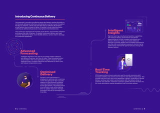 Last Mile Delivery 19Last Mile Delivery18
IntroducingContinuousDelivery
One approach to provide cost-effective same-day delivery requires the ability to
continuously add parcel collections and deliveries to a driver’s route throughout
the day. For instance, a driver may start their day by collecting 16 parcels at
a local fashion store, proceed to deliver 10 parcels to local customers before
collecting an additional 8 parcels at a local general merchandise store.
This continuous approach will increase route density, improve fleet utilisation
and reduce the cost of delivery. To enable Continuous Delivery and meet
customer demand for faster, more flexible delivery, carriers need to leverage
four essential capabilities:
Intelligent algorithms are used to accurately predict collection
and delivery locations, and time of order. These forecasted orders
are provided to the route optimisation engine to improve driver
response times, increase collections and deliveries on each route,
and reduce transportation costs.
Advanced
Forecasting
Dynamic route optimisation is
employed to optimise and re-optimise
routes throughout the day to quickly
respond to and efficiently schedule
incoming collections and deliveries
across the network. This keeps drivers
on an efficient route while enabling
them to rapidly respond to changes
throughout the day by leveraging real-
time data.
Optimised
Delivery
04:20
Machine learning and advanced analytics capabilities
will measure delivery performance and identify
opportunities to further increase route density and
delivery efficiency. These can include additional
features to provide retailers with increased transparency
over the end-to-end delivery process to monitor carrier
performance and find the optimal solution among their
delivery options.
Intelligent
Insights
GPS breadcrumbs and scan events are used to provide customers with
increased visibility and control over the end-to-end delivery experience. This
includes real-time track and trace capabilities, delivery notifications, flexible
delivery windows and instant communication with the delivery driver or
customer care operator. These live customer updates are then fed back into
the route optimisation engine alongside all real-time data updates.
Real-Time
Tracking
 