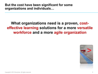 But the cost have been significant for some
organizations and individuals…

What organizations need is a proven, costeffective learning solutions for a more versatile
workforce and a more agile organization

Copyright © 2013 Accenture All rights reserved.

5

 