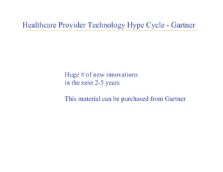 Healthcare Provider Technology Hype Cycle - Gartner




            Huge # of new innovations
            in the next 2-5 years

            This material can be purchased from Gartner
 