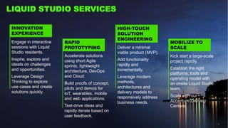 Copyright © 2017 Accenture All rights reserved.
4
LIQUID STUDIO SERVICES
Engage in interactive
sessions with Liquid
Studio residents.
Inspire, explore and
ideate on challenges
and opportunities.
Leverage Design
Thinking to explore
use cases and create
solutions quickly.
Accelerate solutions
using short Agile sprints,
lightweight architecture,
DevOps and Cloud.
Build proofs of concept,
pilots and demos for
IoT, wearables, mobile
and web applications.
Test-drive ideas and
rapidly iterate based on
user feedback.
Deliver a minimal
viable product (MVP).
Add functionality
rapidly and
incrementally.
Leverage modern
methods,
architectures and
delivery models to
responsively address
business needs.
Kick start a large-scale
project rapidly.
Establish the right
platforms, tools and
operating model with
an onsite Liquid Studio
team.
Scale with our
Accenture Delivery
Centers.
INNOVATION
EXPERIENCE
RAPID
PROTOTYPING
HIGH-TOUCH
SOLUTION
ENGINEERING
MOBILIZE TO
SCALE
 