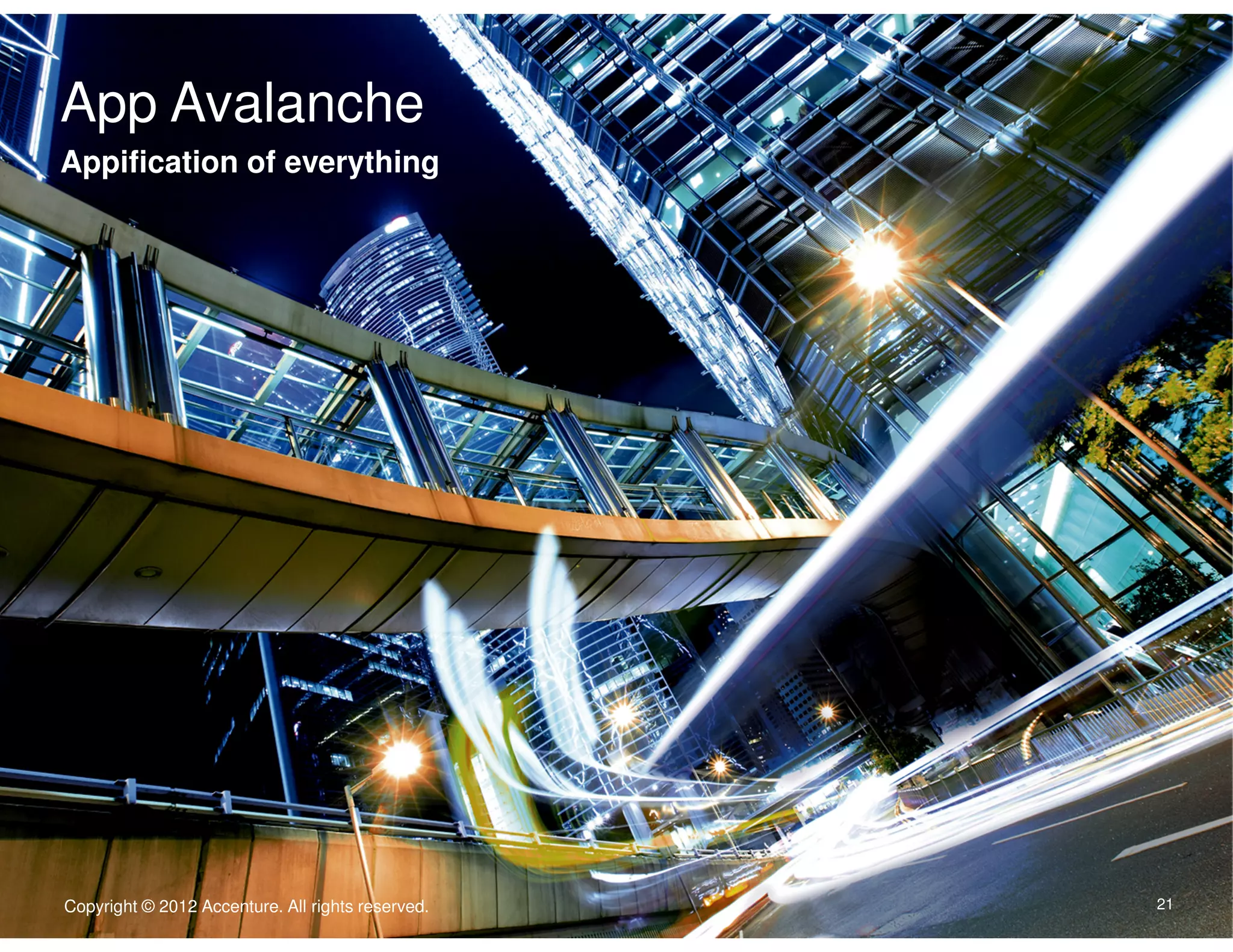 App Avalanche
Click to edit Master text styles
Appification of everything
Body Copy goes here. Typeface is Arial. Type size is 22/24. Flush left.
Dias abora quate consequam is accatur, con ne nullecaborem
nonecaeptate exped.
• Second level is 16/18 iducimint lanim que doluptassi venis
vel im as non ne laceptatur.
• Quasit volorem porrore nis aut porem.
• Nisquist quibis rerspis ex eicend.
• Enditiorum evendelic tenisquistis aliquid.




                                                   Copyright © 2011 Accenture All rights reserved.

Copyright © 2012 Accenture. All rights reserved.                                                     21
 