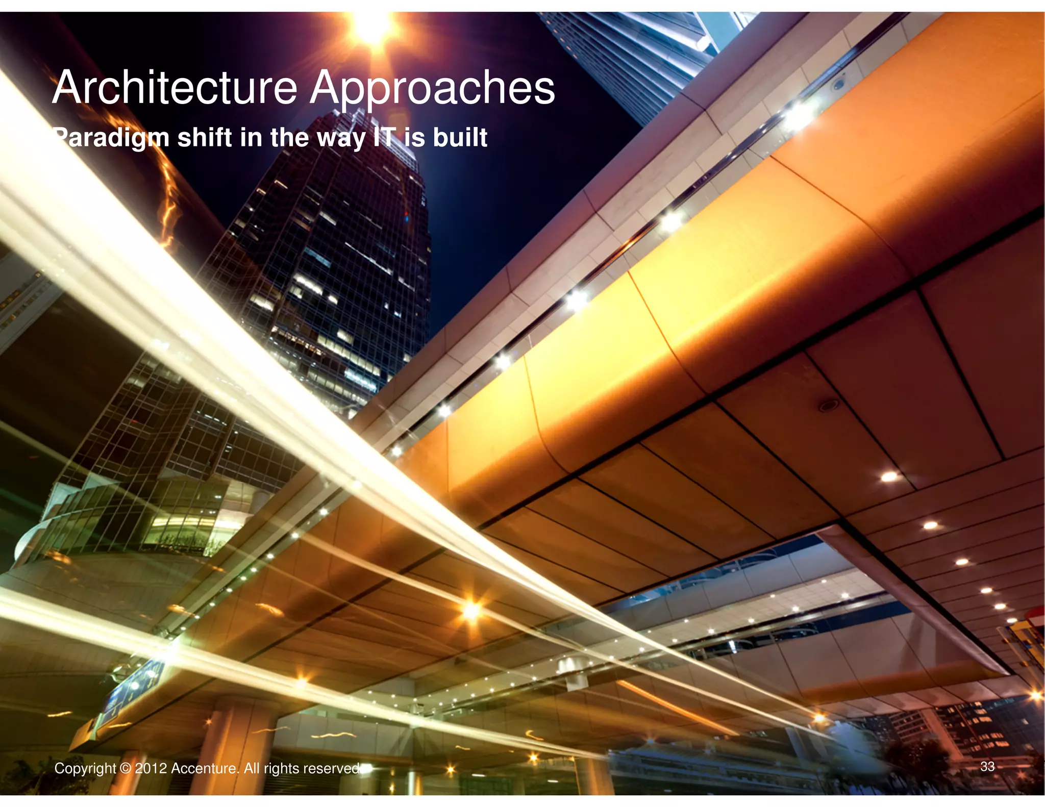 Architecture Approaches
Click to edit Master text styles
Paradigm shift in the way IT is built
Body Copy goes here. Typeface is Arial. Type size is 22/24. Flush left.
Dias abora quate consequam is accatur, con ne nullecaborem
nonecaeptate exped.
• Second level is 16/18 iducimint lanim que doluptassi venis
vel im as non ne laceptatur.
• Quasit volorem porrore nis aut porem.
• Nisquist quibis rerspis ex eicend.
• Enditiorum evendelic tenisquistis aliquid.




                                                   Copyright © 2011 Accenture All rights reserved.

Copyright © 2012 Accenture. All rights reserved.                                                     33
 