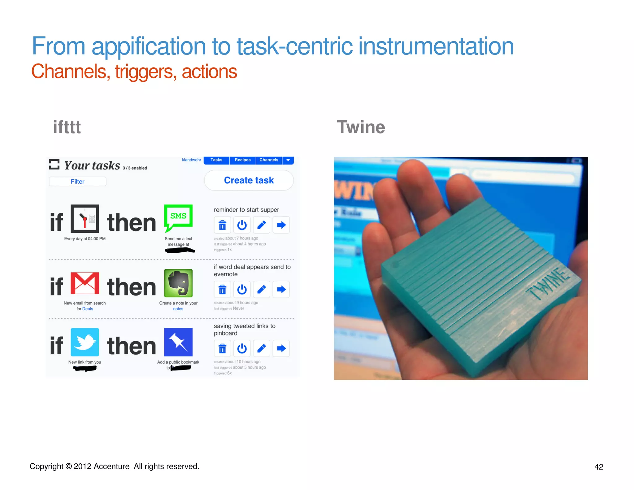 From appification to task-centric instrumentation
Channels, triggers, actions

      ifttt                                       Twine




Copyright © 2012 Accenture All rights reserved.           42
 