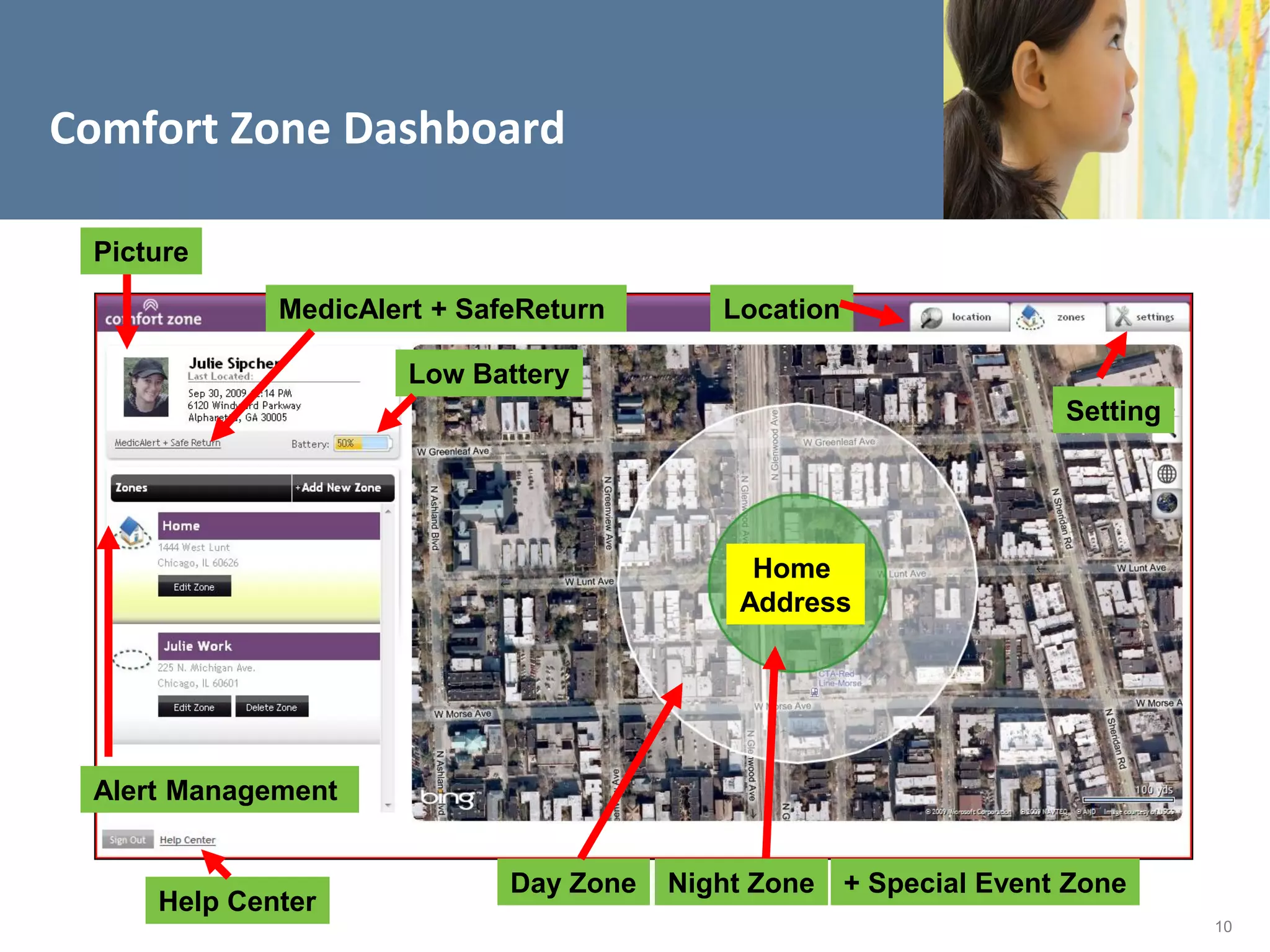 Comfort Zone Dashboard

 Picture

             MedicAlert + SafeReturn       Location

                      Low Battery
                                                                     Setting




                                             Home
                                            Address




 Alert Management


                             Day Zone   Night Zone    + Special Event Zone
     Help Center
                                                                               10
 