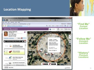 Location Mapping


                   “Find Me”
                     Current
                     Location




                   “Follow Me”
                     Constant
                     Location



                    “History”
                    Previous
                    Locations




                                12
 