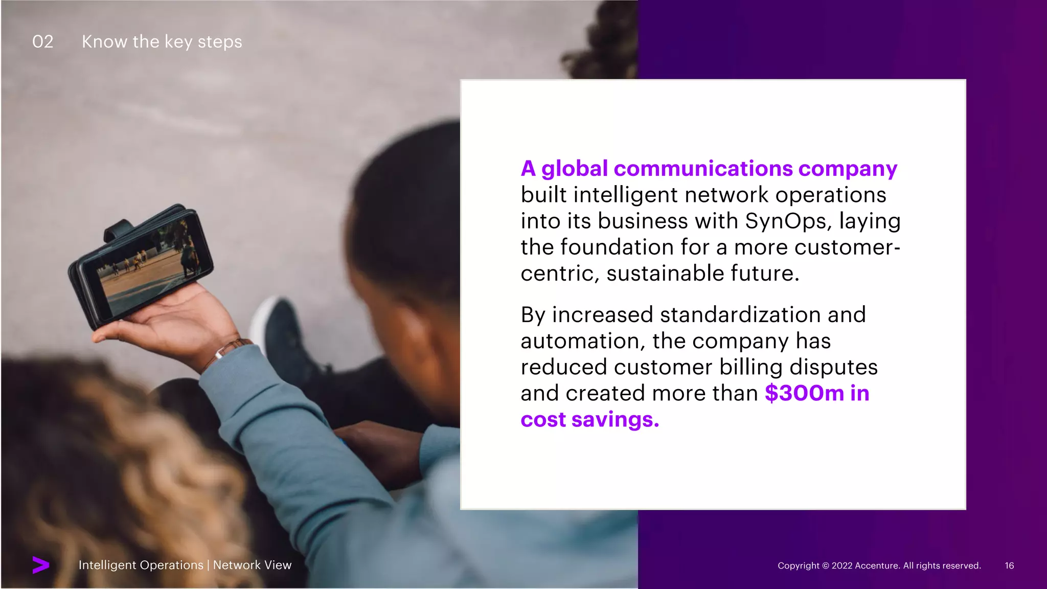 Intelligent Operations | Network View Copyright © 2022 Accenture. All rights reserved. 16
A global communications company
built intelligent network operations
into its business with SynOps, laying
the foundation for a more customer-
centric, sustainable future.
By increased standardization and
automation, the company has
reduced customer billing disputes
and created more than $300m in
cost savings.
Intelligent Operations | Network View
02 Know the key steps
 