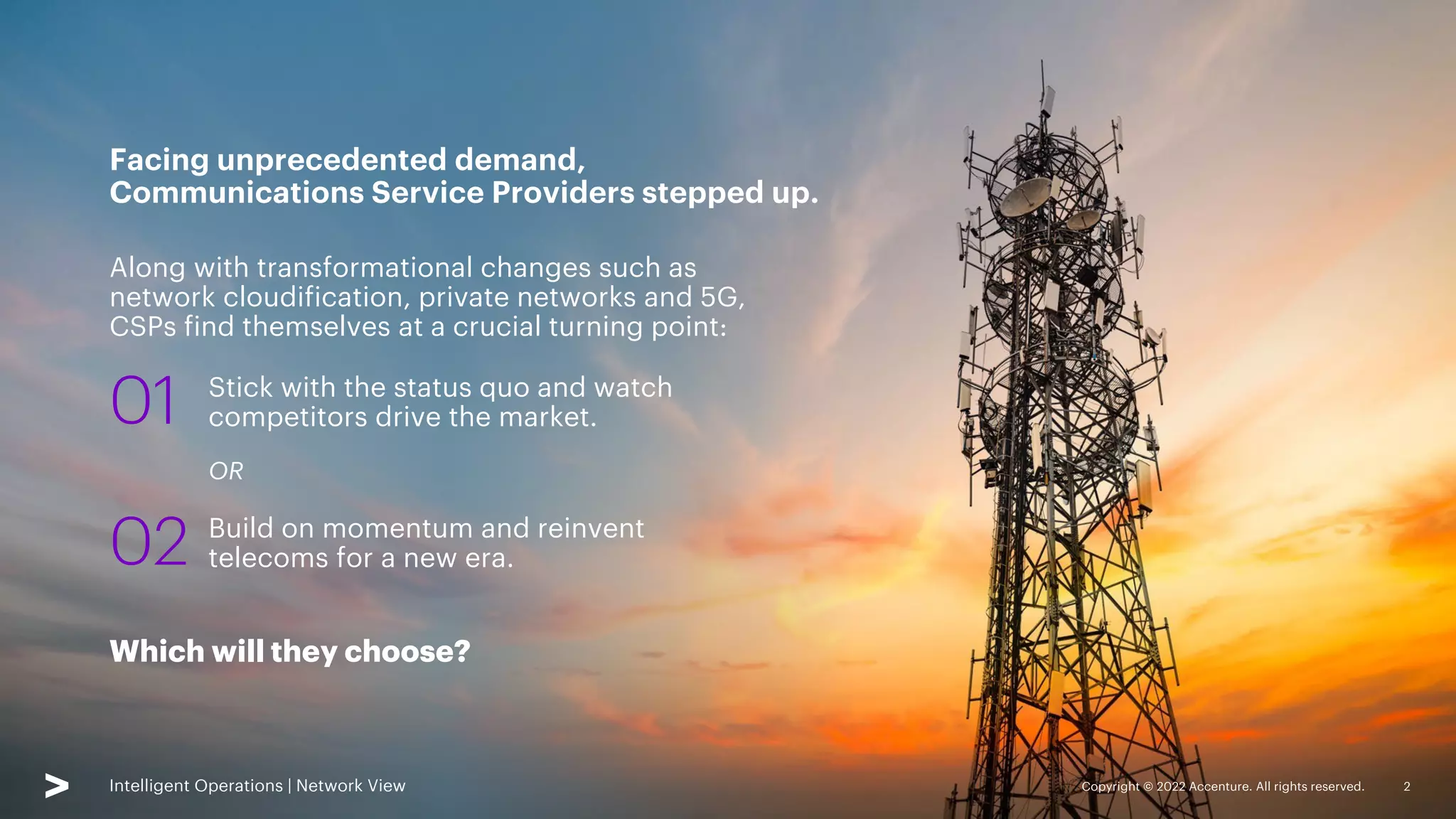 Intelligent Operations | Network View
Facing unprecedented demand,
Communications Service Providers stepped up.
Along with transformational changes such as
network cloudification, private networks and 5G,
CSPs find themselves at a crucial turning point:
Intelligent Operations | Network View Copyright © 2022 Accenture. All rights reserved. 2
Stick with the status quo and watch
competitors drive the market.
OR
Build on momentum and reinvent
telecoms for a new era.
01
02
Which will they choose?
 