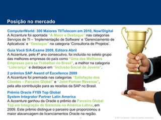 Posição no mercado 2 prêmios SAP Award of Excellence 2009 A Accenture foi premiada nas categorias  “Satisfação dos Clientes – Parceiro Global”  e  “Joint Partner Revenue” , pela alta contribuição para as receitas da SAP no Brasil. Guia Você S/A-Exame 2009, Editora Abril A Accenture, pelo 4º ano consecutivo, foi incluída no seleto grupo das melhores empresas do país como  “Uma das Melhores Empresas para se Trabalhar no Brasil” , a melhor na categoria   “Liderança”  e destaque em  “Inclusão Social de Jovens” . Prêmio Oracle FY09 Top Global  System Integrator Partner Latin America A Accenture ganhou da Oracle o prêmio de  Parceiro Global Top em Integração de Sistemas na América Latina , em 2009. Este prêmio distingue o parceiro que proporcionou a maior alavancagem de licenciamentos Oracle na região. ComputerWorld: 300 Maiores TI/Telecom em 2010, Now!Digital A Accenture foi apontada  “A Maior e Destaque”  nas categorias Serviços de TI – ‘Implementação de Software’ e ‘Gerenciamento de Aplicativos’ e  “Destaque”  na categoria ‘Consultoria de Projetos’. 