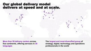 Copyright © 2021 Accenture. All rights reserved. 12
Our global delivery model
delivers at speed and at scale.
More than 50 delivery centers across
five continents, offering services in 39
languages
The largest and most diversified group of
strategy, digital, technology and operations
professionals in the world
 