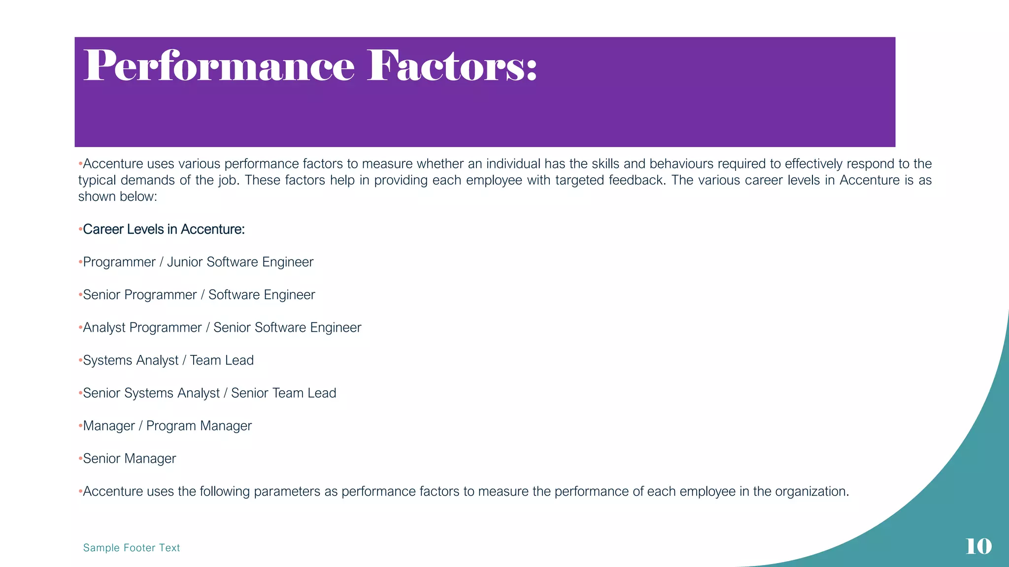 Performance Factors:
Sample Footer Text 10
•Accenture uses various performance factors to measure whether an individual has the skills and behaviours required to effectively respond to the
typical demands of the job. These factors help in providing each employee with targeted feedback. The various career levels in Accenture is as
shown below:
•Career Levels in Accenture:
•Programmer / Junior Software Engineer
•Senior Programmer / Software Engineer
•Analyst Programmer / Senior Software Engineer
•Systems Analyst / Team Lead
•Senior Systems Analyst / Senior Team Lead
•Manager / Program Manager
•Senior Manager
•Accenture uses the following parameters as performance factors to measure the performance of each employee in the organization.
 