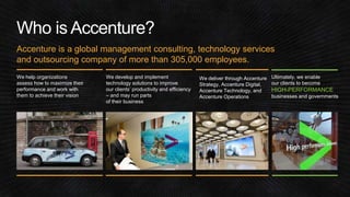 Accenture is a global management consulting, technology services 
and outsourcing company of more than 305,000 employees. 
We help organizations 
assess how to maximize their 
performance and work with 
them to achieve their vision 
We develop and implement 
technology solutions to improve 
our clients’ productivity and efficiency 
– and may run parts 
of their business 
Ultimately, we enable 
our clients to become 
HIGH-PERFORMANCE 
businesses and governments 
We deliver through Accenture 
Strategy, Accenture Digital, 
Accenture Technology, and 
Accenture Operations 
 
