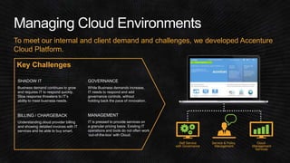 To meet our internal and client demand and challenges, we developed Accenture 
Cloud Platform. 
Cloud 
Management 
Services 
Service & Policy 
Management 
Self Service 
with Governance 
Key Challenges 
SHADOW IT 
Business demand continues to grow 
and requires IT to respond quickly. 
Slow response threatens to IT’s 
ability to meet business needs. 
GOVERNANCE 
While Business demands increase, 
IT needs to respond and add 
governance controls, without 
holding back the pace of innovation. 
BILLING / CHARGEBACK 
Understanding cloud provider billing 
and showing detailed invoices with IT 
services and be able to buy smart. 
MANAGEMENT 
IT is pressed to provide services on 
a granular pricing basis. Existing IT 
operations and tools do not often work 
‘out-of-the-box’ with Cloud. 
 