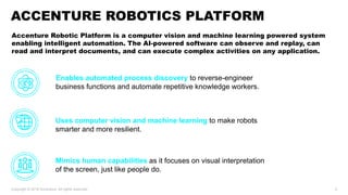 Copyright © 2018 Accenture. All rights reserved. 5
ACCENTURE ROBOTICS PLATFORM
Accenture Robotic Platform is a computer vi...