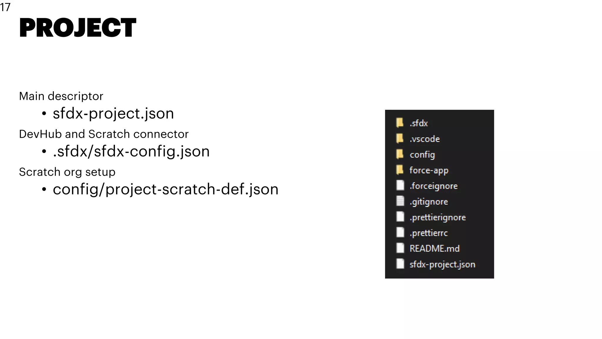 PROJECT
Main descriptor
• sfdx-project.json
DevHub and Scratch connector
• .sfdx/sfdx-config.json
Scratch org setup
• config/project-scratch-def.json
17
 