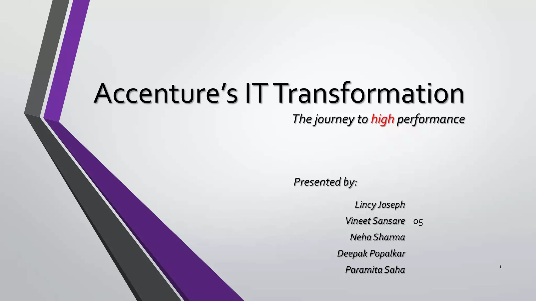 Accenture’s IT Transformation
The journey to high performance

Presented by:
Lincy Joseph
Vineet Sansare 05
Neha Sharma
Deepak Popalkar

Paramita Saha

1

 