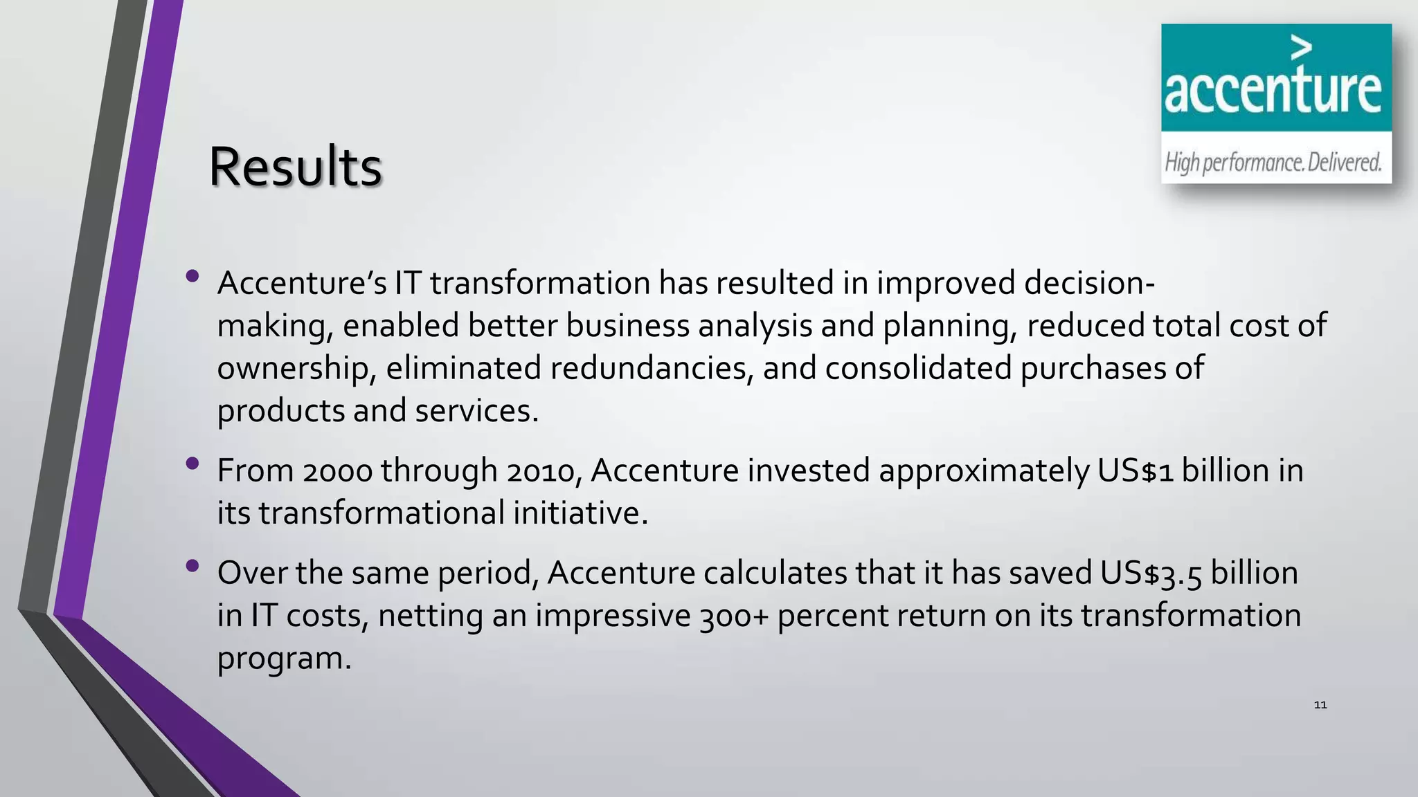Results
• Accenture’s IT transformation has resulted in improved decisionmaking, enabled better business analysis and planning, reduced total cost of
ownership, eliminated redundancies, and consolidated purchases of
products and services.

• From 2000 through 2010, Accenture invested approximately US$1 billion in
its transformational initiative.

• Over the same period, Accenture calculates that it has saved US$3.5 billion
in IT costs, netting an impressive 300+ percent return on its transformation
program.
11

 