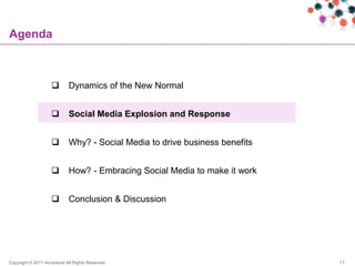 Agenda



                           Dynamics of the New Normal


                           Social Media Explosion and Response


                           Why? - Social Media to drive business benefits


                           How? - Embracing Social Media to make it work


                           Conclusion & Discussion




Copyright © 2011 Accenture All Rights Reserved.                              11
 