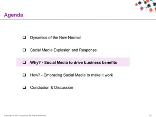 Agenda



                           Dynamics of the New Normal


                           Social Media Explosion and Response


                           Why? - Social Media to drive business benefits


                           How? - Embracing Social Media to make it work


                           Conclusion & Discussion




Copyright © 2011 Accenture All Rights Reserved.                              20
 