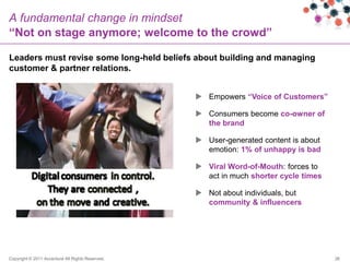 A fundamental change in mindset
“Not on stage anymore; welcome to the crowd”

Leaders must revise some long-held beliefs about building and managing
customer & partner relations.


                                                   Empowers “Voice of Customers”

                                                   Consumers become co-owner of
                                                    the brand

                                                   User-generated content is about
                                                    emotion: 1% of unhappy is bad

                                                   Viral Word-of-Mouth: forces to
                                                    act in much shorter cycle times

                                                   Not about individuals, but
                                                    community & influencers




Copyright © 2011 Accenture All Rights Reserved.                                       26
 