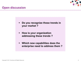 Open discussion




                                    Do you recognize these trends in
                                     your market ?

                                    How is your organization
                                     addressing these trends ?

                                    Which new capabilities does the
                                     enterprise need to address them ?




Copyright © 2011 Accenture All Rights Reserved.                          8
 