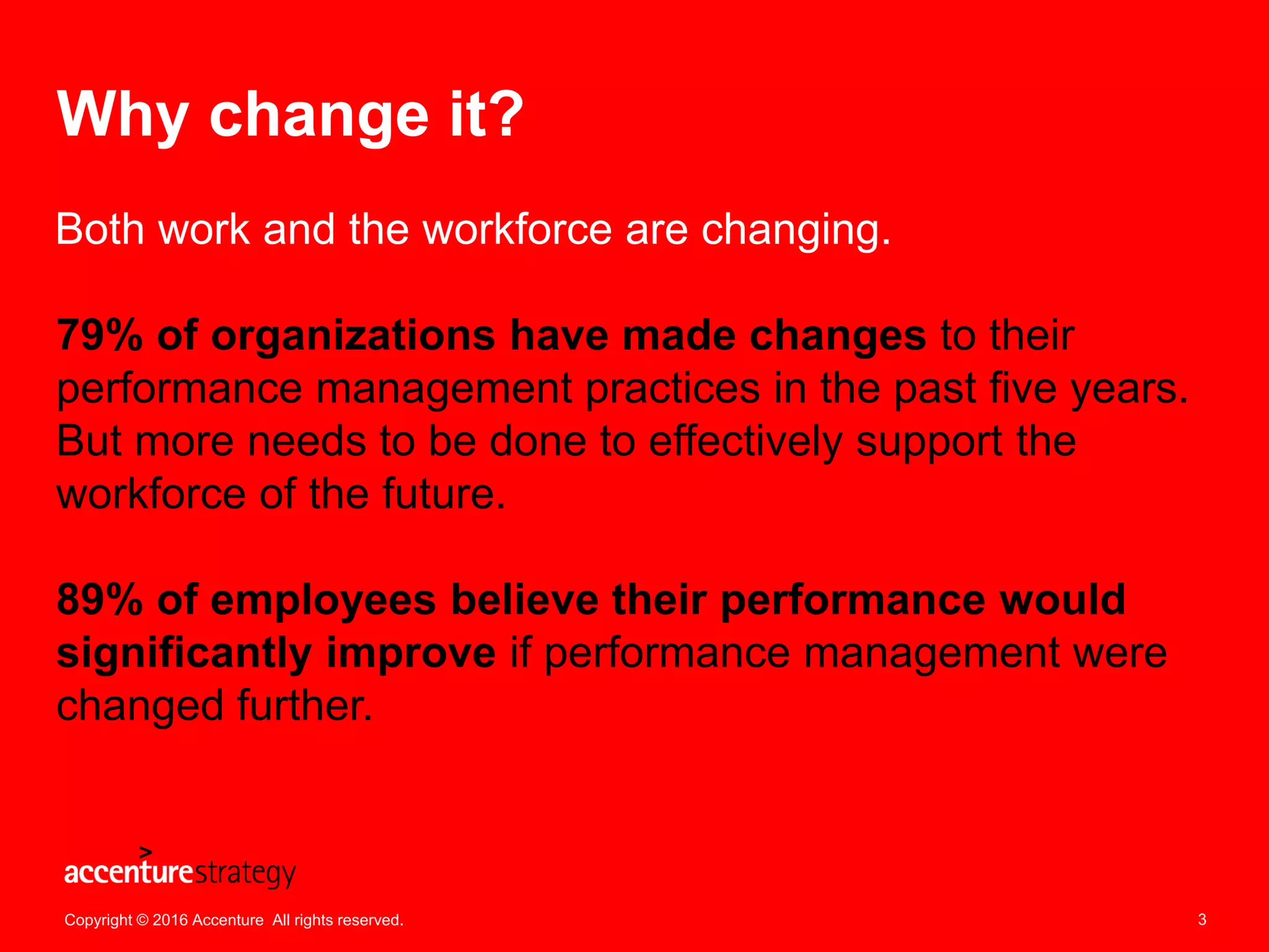 3
Both work and the workforce are changing.
79% of organizations have made changes to their
performance management practices in the past five years.
But more needs to be done to effectively support the
workforce of the future.
89% of employees believe their performance would
significantly improve if performance management were
changed further.
Why change it?
Copyright © 2016 Accenture All rights reserved.
 
