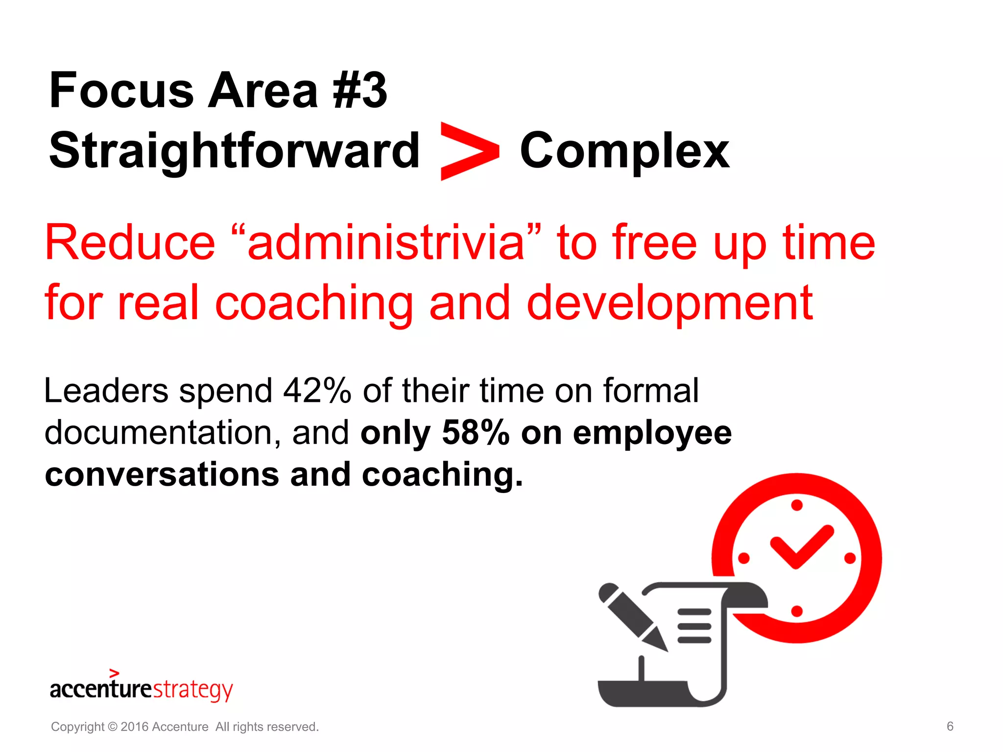 6
Focus Area #3
Straightforward Complex
Copyright © 2016 Accenture All rights reserved. 6
Leaders spend 42% of their time on formal
documentation, and only 58% on employee
conversations and coaching.
Reduce “administrivia” to free up time
for real coaching and development
 