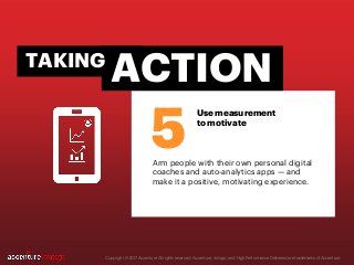 Copyright © 2017 Accenture All rights reserved. Accenture, its logo, and High Performance Delivered are trademarks of Accenture.
Arm people with their own personal digital
coaches and auto-analytics apps — and
make it a positive, motivating experience.
5
ACTIONTAKING
Use measurement
to motivate
 