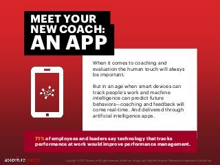 Copyright © 2017 Accenture All rights reserved. Accenture, its logo, and High Performance Delivered are trademarks of Accenture.
When it comes to coaching and
evaluation the human touch will always
be important.
But in an age when smart devices can
track people’s work and machine
intelligence can predict future
behaviors—coaching and feedback will
come real-time. And delivered through
artificial intelligence apps.
MEET YOUR
AN APP
NEW COACH:
71% of employees and leaders say technology that tracks
performance at work would improve performance management.
 