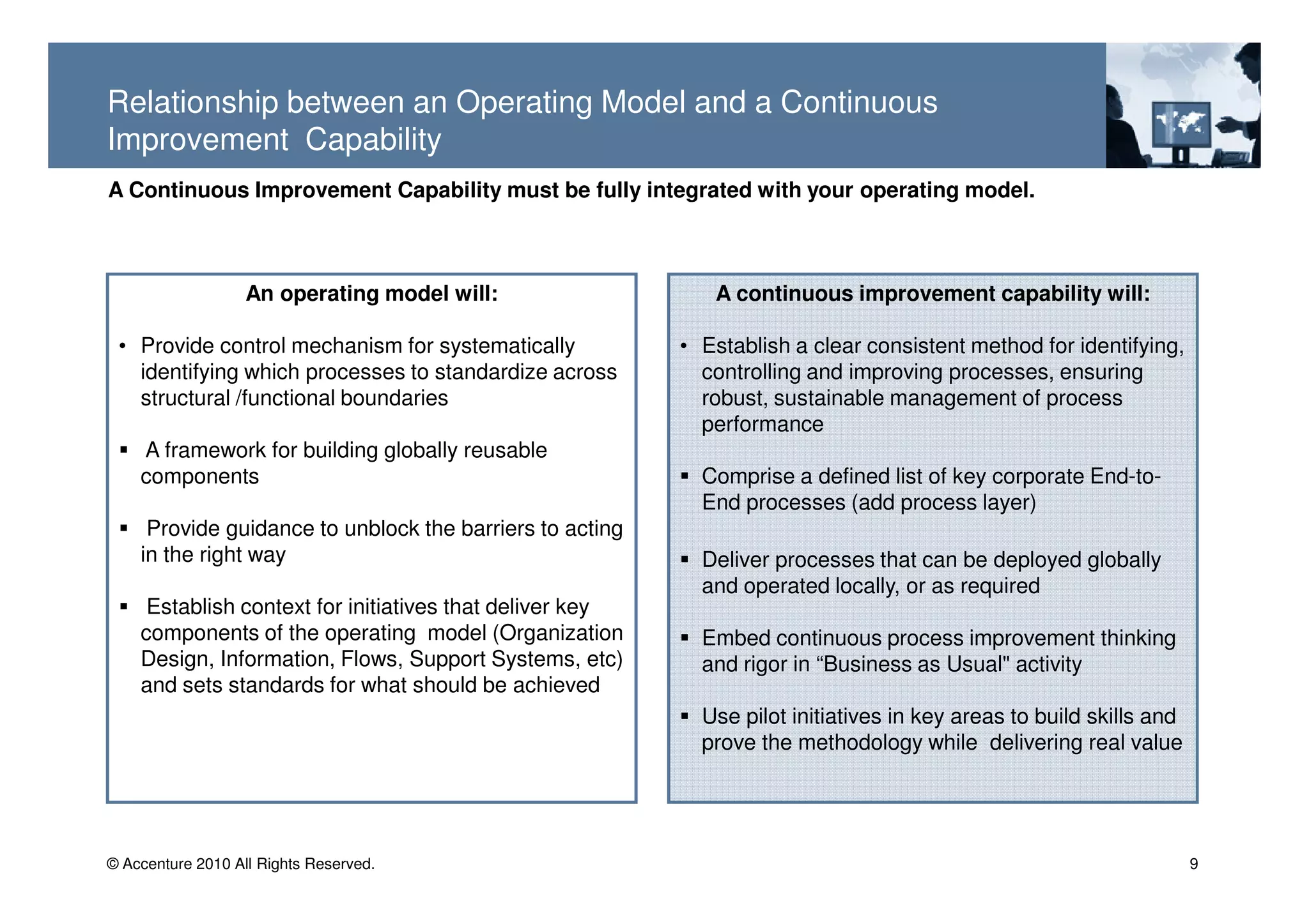 Relationship between an Operating Model and a Continuous
Improvement Capability
A Continuous Improvement Capability must be fully integrated with your operating model.



                   An operating model will:                  A continuous improvement capability will:

 • Provide control mechanism for systematically           • Establish a clear consistent method for identifying,
   identifying which processes to standardize across        controlling and improving processes, ensuring
   structural /functional boundaries                        robust, sustainable management of process
                                                            performance
    A framework for building globally reusable
    components                                              Comprise a defined list of key corporate End-to-
                                                            End processes (add process layer)
     Provide guidance to unblock the barriers to acting
    in the right way                                        Deliver processes that can be deployed globally
                                                            and operated locally, or as required
     Establish context for initiatives that deliver key
    components of the operating model (Organization         Embed continuous process improvement thinking
    Design, Information, Flows, Support Systems, etc)       and rigor in “Business as Usual" activity
    and sets standards for what should be achieved
                                                            Use pilot initiatives in key areas to build skills and
                                                            prove the methodology while delivering real value




© Accenture 2010 All Rights Reserved.                                                                                9
 