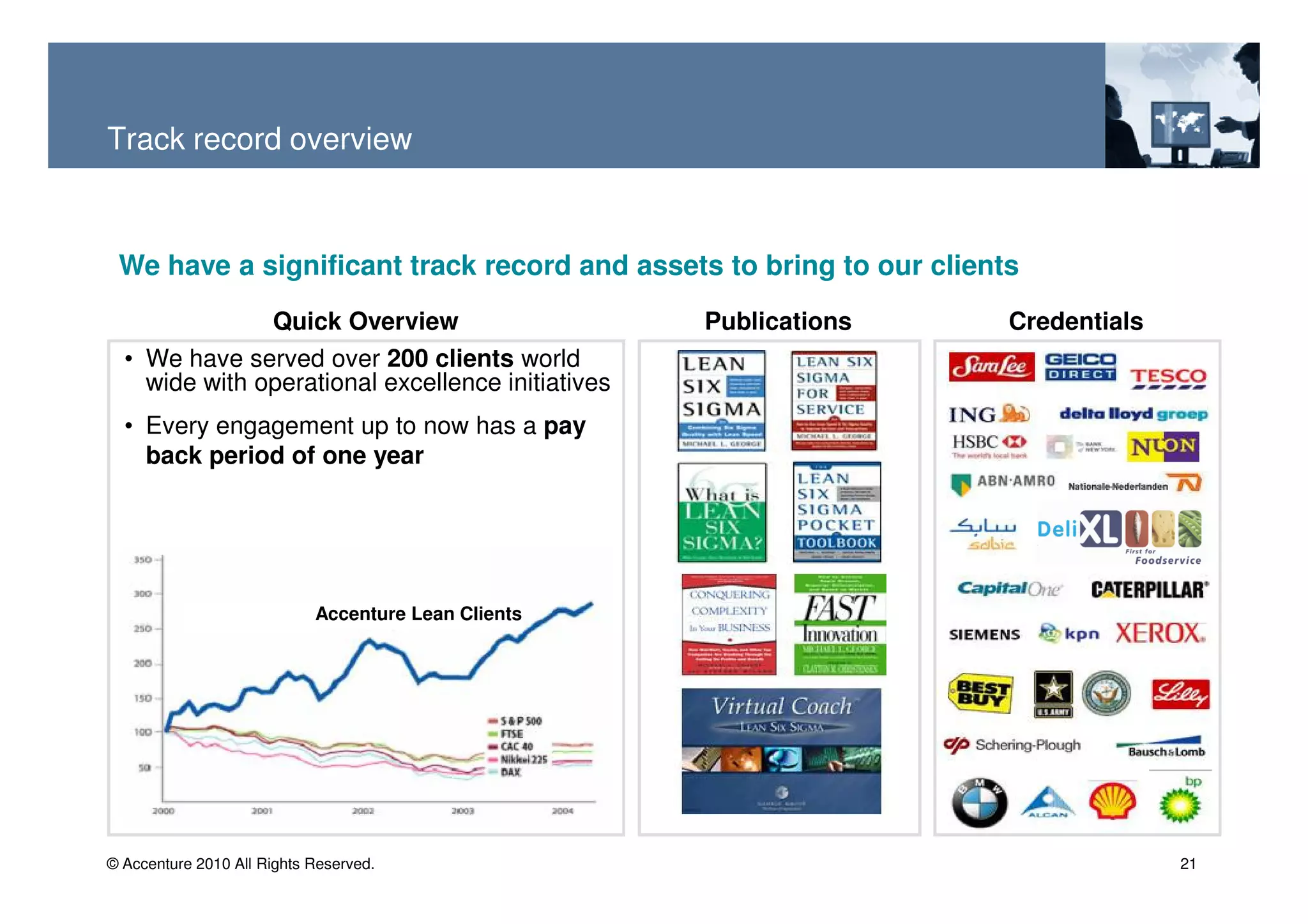 Track record overview



 We have a significant track record and assets to bring to our clients
               Quick Overview                        Publications    Credentials
  • We have served over 200 clients world
    wide with operational excellence initiatives
  • Every engagement up to now has a pay
    back period of one year




                            Accenture Lean Clients




© Accenture 2010 All Rights Reserved.                                              21
 