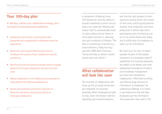 Trend 4. Seamless Collaboration                                                                                         Accenture Technology Vision 2013




Your 100-day plan                                                 a component of Boeing’s new              and find the right answers to their
                                                                  787 Dreamliner—has the ability to        questions directly within the context
In 100 days, redefine your collaboration strategy; prior-         provide newsfeeds to which service       of their work, they’ll quickly become
itize based on business process enablement.                       teams can subscribe. Allowing the        smarter, more responsive, and more
                                                                  engine itself to automatically share     productive. It will be clear who’s
                                                                  its status allows service teams to       participating and contributing, just
•	 Catalog the tools that are currently being used 		             more easily maintain it, reducing        as it is on social-media sites today,
	 (supported and unsupported) to collaborate across the 	         cost and increasing its lifespan. “The   and it will be easy for employees to
	organization.                                                    idea of connecting a machine to a        reach out for information.
                                                                  social network is really exciting,”
•	 Determine a set of quantifiable business metrics 		            says GE’s CMO, Beth Comstock.            But that’s just the start of what’s
	 to measure the success of your collaboration services 	         “Social will help us deliver a better    possible. As part of the broader
	architecture.                                                    engine than ever before.” v              movement to consolidate siloed IT
                                                                                                           capabilities into business processes,
•	 Identify and prioritize business processes where increased 	                                            we expect to see deeper and more
	 productivity through collaboration will drive the most 	                                                 widespread convergence of search
	value.                                                           What collaboration                       and knowledge-management
                                                                  will look like soon                      activities that complement
•	 Deploy collaboration to the highest-priority processes to 	                                             collaboration: effectively funneling
	 create demand for additional deployments.                       The new face of collaboration will       and filtering large amounts of
                                                                  show up first as social interactions     information to employees. The
•	 Review and implement preliminary incentives for 		             are integrated into business             underlying challenge is to create
	 behaviors, evaluations, and personal metrics to                 processes. When employees are able       a user experience that will help
	 encourage collaboration.                                        to chat, share information, identify     employees get the information
                                                                  specialists, get recommendations,        they need when they need it. The


50
 