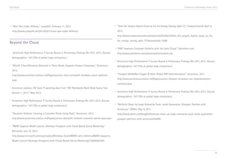 End Notes                                                                                                                                                                 Accenture Technology Vision 2013




xii   “Next Gen Cyber Defense,” JumpSoft, February 11, 2012.                                      vii    “Shell Oil Targets Hybrid Cloud as Fix for Energy-Saving, Agile IT,” Computerworld, April 4,
      http://www.jumpsoft.net/2012/02/11/next-gen-cyber-defense/                                         2012.
                                                                                                         http://www.computerworld.com/s/article/9225827/Shell_Oil_targets_hybrid_cloud_as_fix_
                                                                                                         for_energy_saving_agile_IT?taxonomyId=158&
Beyond the Cloud
                                                                                                  viii   “EMC Improves Customer Visibility with the Sales Cloud,” Salesforce.com.
i
      Accenture High Performance IT Survey Round 4, Preliminary Findings (N=187), 2013. (Survey          http://www.salesforce.com/showcase/stories/emc.jsp
      demographics: 187 CIOs at global large enterprises.)
                                                                                                  ix
                                                                                                         Accenture High Performance IT Survey Round 4, Preliminary Findings (N=187), 2013. (Survey
ii
      “VELUX: Cloud Microsite Delivered in Three Weeks Supports Product Campaign,” Accenture,            demographics: 187 CIOs at global large enterprises.)
      2012.
                                                                                                  x
      http://www.accenture.com/us-en/Pages/success-velux-microsoft-windows-azure-platform.               “Freeport-McMoRan Copper & Gold: Global ERP Implementation,” Accenture, 2011.

      aspx                                                                                               http://www.accenture.com/us-en/Pages/success-freeport-mcmoran-erp-implementation-
                                                                                                         summary.aspx
iii   Accenture analysis; IDC base IT spending data from “IDC Worldwide Black Book Query Tool,
      Version 1, 2012,” May 2012.
                                                                                                  xi     Accenture High Performance IT Survey Round 4, Preliminary Findings (N=187), 2013. (Survey
                                                                                                         demographics: 187 CIOs at global large enterprises.)
iv    Accenture High Performance IT Survey Round 4, Preliminary Findings (N=187), 2013. (Survey
      demographics: 187 CIOs at global large enterprises.)
                                                                                                  xii    “NetSuite Steps Up Large Enterprise Push: Lands Qualcomm, Groupon, Partners with
                                                                                                         Accenture,” ZDNet, May 9, 2011.
v     “Deutsche Telekom: Creating a Customer Portal Using PaaS,” Accenture, 2013.                        http://www.zdnet.com/blog/btl/netsuite-steps-up-large-enterprise-push-lands-qualcomm-
      http://www.accenture.com/us-en/Pages/success-deutsche-telekom-customer-portal-paas.aspx            groupon-partners-with-accenture/48496

vi    “BMW Supports Model Launch, Develops Prospects with Cloud-Based Social Marketing,”
      Microsoft, July 10, 2012.
      http://www.microsoft.com/casestudies/Windows-Azure/BMW-Latin-America/BMW-Supports-
      Model-Launch-Develops-Prospects-with-Cloud-Based-Social-Marketing/710000001091



                                                                                                                                                                                                        96
 